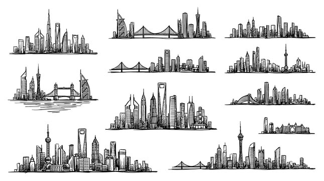 Collection of hand drawn city skylines including minneapolis skyline vector isolated on white background featuring various modern metropolis architecture, skyscrapers and cityscapes.