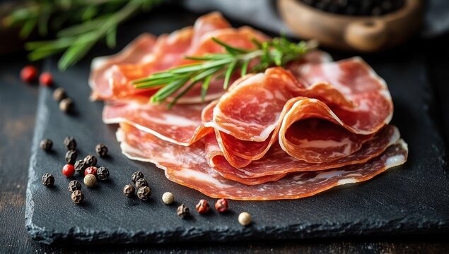 appetizing thinly sliced cured meat on a slate board with rosemary and scattered peppercorns, rustic gourmet appetizer