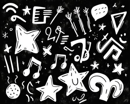 hand-drawn white doodles of smiling stars, musical notes, speech bubble, arrows, triangles, swirls, dots and confetti on a textured black background, playful and energetic