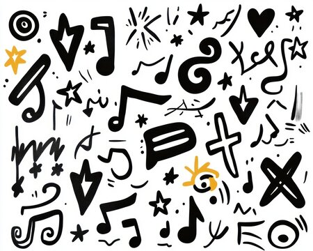 playful scattered black doodles of musical notes stars arrows hearts crosses swirls and scribbles with bright yellow accents, energetic whimsical pattern