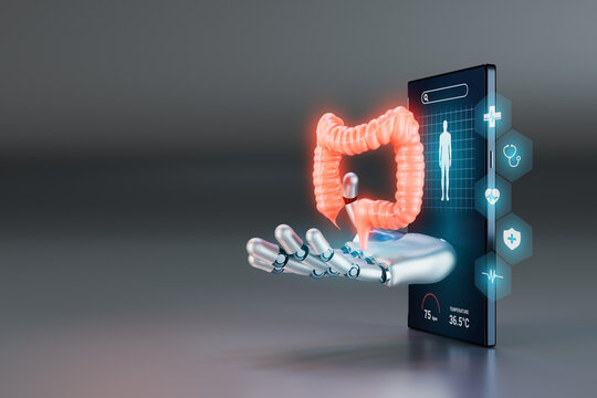 Smartphone with robotic hand emerging from the screen holding a human large intestine, digestive health app, AI-powered coloproctology, telemedicine, advanced colorectal care. 3D rendering.