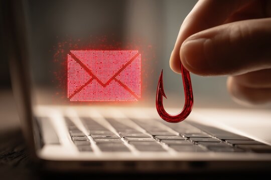 a close up shot of a red fishhook and a human hand holding a red email icon above a silver laptop the email icon is pixelated, showing an envelope Generative AI