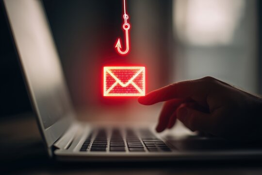 a person's right hand is holding a glowing, translucent red email icon directly above the email icon, a red fishing hook icon is visible Generative AI
