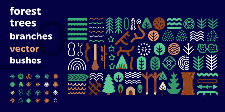 forest elements collection with trees branches bushes vector