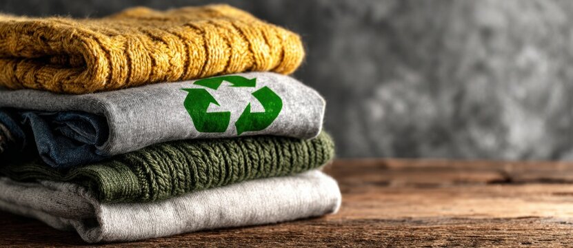 Stack of folded fabric towels with eco-friendly recycling symbol print in green, placed on a rustic wooden surface against a textured gray background