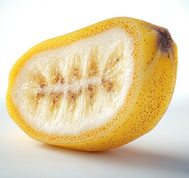 close-up of a yellow speckled banana with sponge-like porous top and brown stem on white background, playful surreal mood