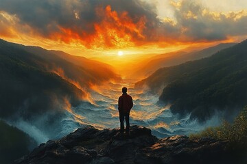 Fototapeta premium Solitary figure on rocky cliff overlooking fiery sunset and ocean-like mist flowing through forested valley, awe and contemplation