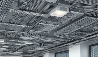 Fototapeta premium Stylish gray metal cable management system installed on office ceiling with organized wiring