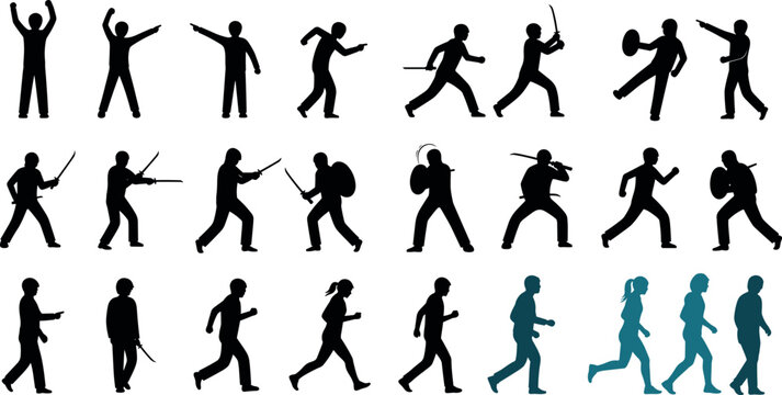 Human silhouette set with walking running fighting and action poses vector illustration collection isolated people shadow figures bundle