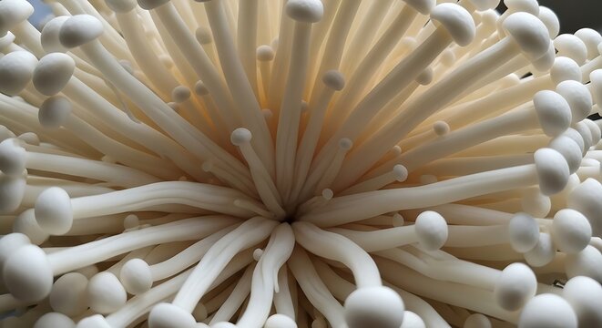 Close up of white mushroom cluster with long stems and small round caps natural background