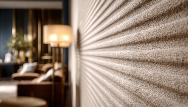 Textured fabric wall panels in a living room setting with warm lighting and cozy decor