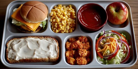 School lunch tray filled with cafeteria food for meal