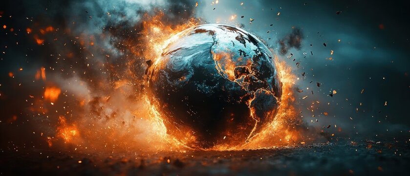 Burning globe engulfed in flames and smoke, molten cracks and flying embers in a dramatic apocalyptic scene of chaos and urgency