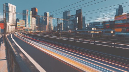 Fototapeta premium Urban Landscape with Dynamic Train Motion and Modern City Skyline During Daytime, Depicting Movement and Vibrancy in Metropolitan Area