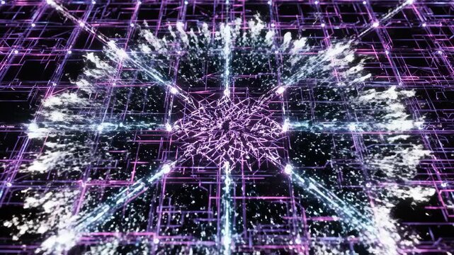 A vibrant purple grid pattern radiates from a central point on a black background