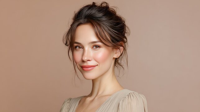 Beautiful woman with soft makeup and elegant hairstyle against neutral background, showcasing natural beauty and radiant skin with gentle smile expression
