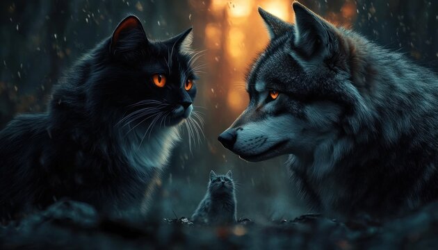 black longhaired cat, tiny kitten and gray wolf with glowing amber eyes face each other in a misty forest at dusk, a tense yet curious and protective encounter