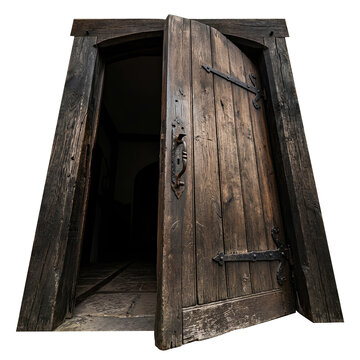 Old wooden door slightly ajar revealing a dark interior space.