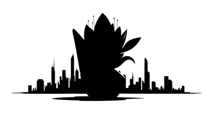 Obraz premium Black silhouette lotus flower with city skyline