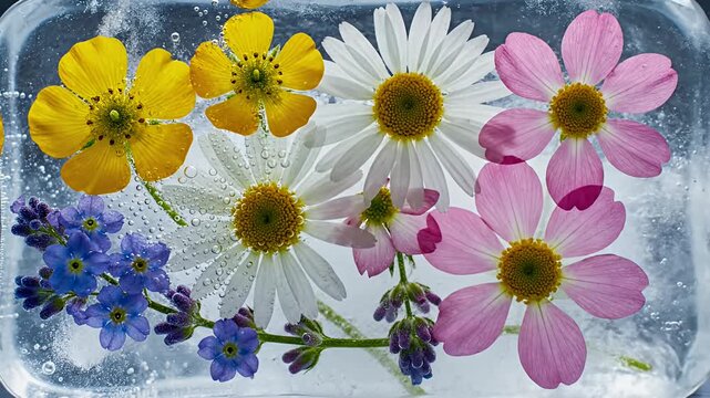 Floral assortment frozen in ice block botanical composition artistic detail