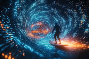 Fototapeta premium Silhouette surfer riding a glowing blue and orange vortex of digital light, exhilaration and wonder inside a luminous tunnel