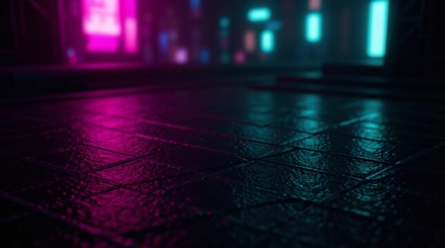 Cinematic Neon Cyberpunk Grid Wet Asphalt Texture Variation 68