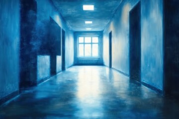 Fototapeta premium empty blue-lit corridor with glossy reflective floor, open doorways, ceiling lights and distant bright window, evoking solitude and eerie calm