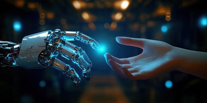 human hand reaching toward a chrome robotic hand as a glowing blue light sparks between their fingertips, futuristic lab corridor background conveying wonder, connection and tentative trust