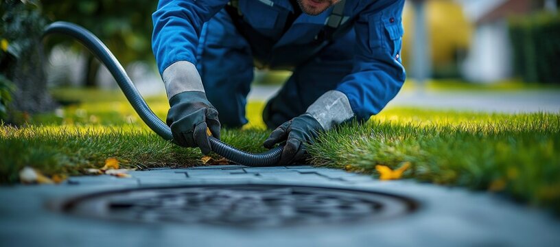 utility worker in blue uniform kneeling on grass and carefully inserting a flexible vacuum hose into a street drain, focused maintenance in a suburban yard