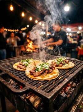 Authentic Mexican Street Taco Fiesta Scene with Fresh Tacos al Pastor and Cultural Atmosphere