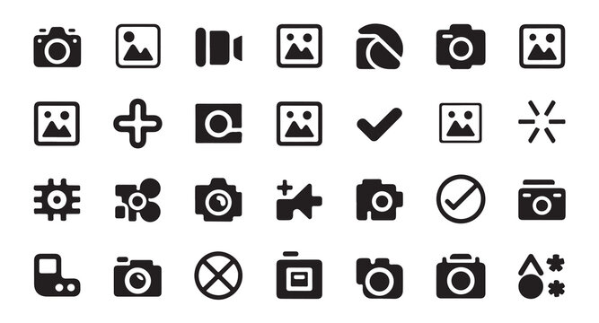 Extensive icon pack for camera functions, photo editing, application controls, and digital services.