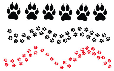 Fototapeta premium Bear paw print trail icon set, animal footprints for design