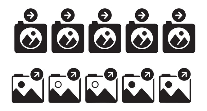 Black camera icons with right arrow symbols, photography flat design vector illustration.