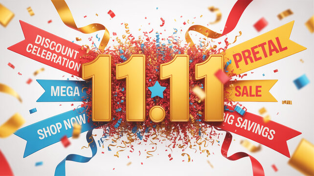 Golden 1111 numbers exploding with colorful confetti and festive ribbons announcing mega sale discount celebration and shopping savings with shop now call to action