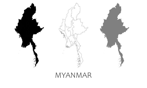 Myanmar map in high quality (black, white, grey)