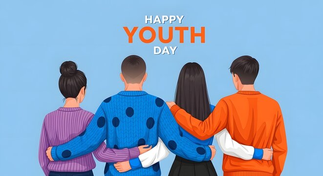 Happy youth day illustration with four young friends standing together with arms around each other