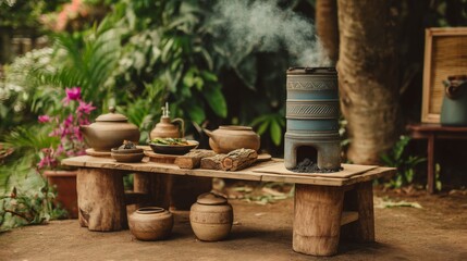 Fototapeta premium Traditional Cooking Setup with Earthen Pots and Smoke from Stove Surrounded by Greenery in a Natural Outdoor Environment