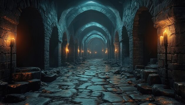 long vaulted stone corridor with arched pillars and alcoves, flickering torchlight along a wet cobblestone floor, misty shadows creating an eerie, foreboding underground crypt atmosphere