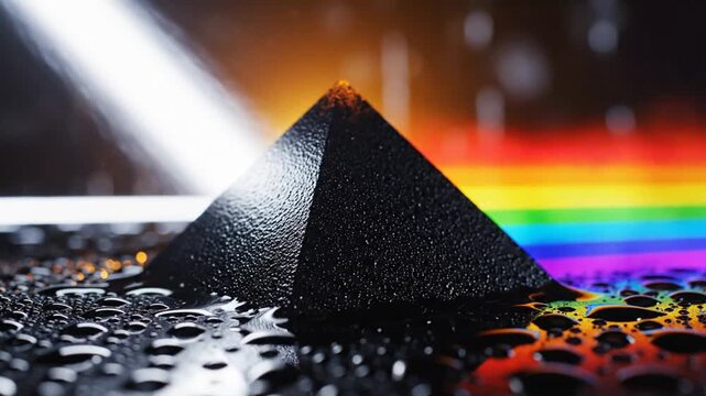 Abstract prism pyramid dispersing white light into rainbow spectrum on wet reflective surface, futuristic physics concept, colorful refraction energy background in cinematic 4K.
