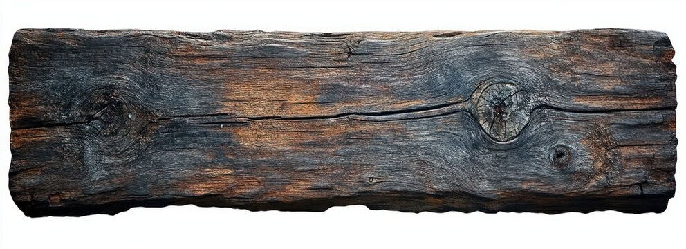 long weathered wooden plank with prominent knots and textured grain, charred dark edges and warm brown highlights conveying rustic aged character