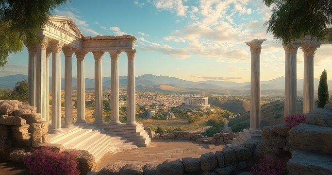 Sunlit ancient stone colonnade and temple ruins overlooking a peaceful valley town with distant amphitheater and mountains at golden hour