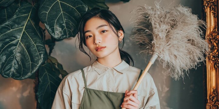 Asian woman holding a feather duster ready to clean 