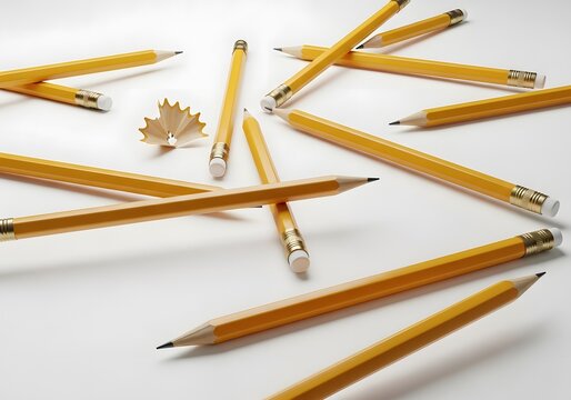 Many sharpened and unsharpened bright yellow writing instruments lie scattered in a casual arrangement across a plain surface, with a small pile of wood shavings indicating recent use