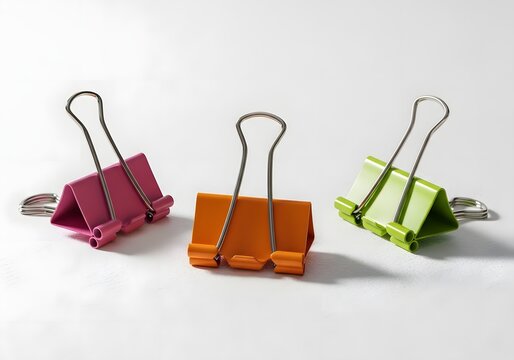Three vibrant binder clips, one a cheerful pink, another a bright orange, and the third a lively green, are artfully arranged on a bright surface, creating a visually appealing and functional