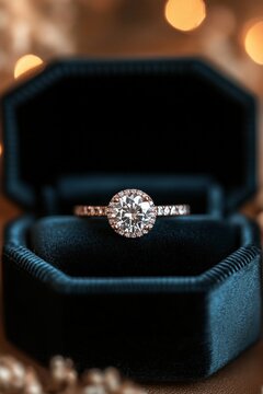 sparkling halo diamond engagement ring on a rose gold pav&eacute; band in a black velvet octagonal box with warm bokeh lights, romantic elegant mood