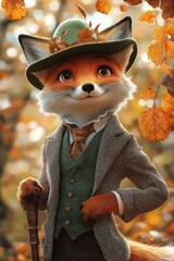 Obraz premium dignified anthropomorphic fox in a green hat and tweed jacket holding a cane amid falling autumn leaves, poised and whimsical in warm golden light