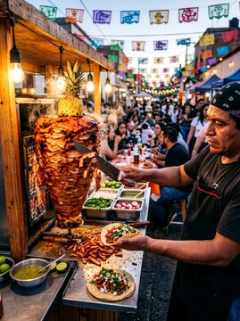 Authentic Mexican Street Taco Fiesta Scene with Fresh Tacos al Pastor and Cultural Atmosphere