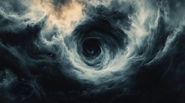 dark swirling ocean vortex and stormy clouds forming a menacing whirlpool with tense, ominous atmosphere