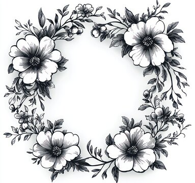 hand-drawn black and white floral wreath with blooming flowers, leaves, buds and delicate branches, elegant vintage botanical frame conveying calm timeless beauty