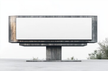 Obraz premium Large empty concrete billboard on a single central pillar in a minimal open landscape with sparse shrubs and overcast sky, evoking a stark contemplative mood